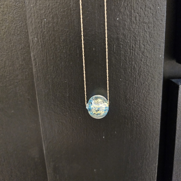 Pure Gold Necklace With Single Blue/Gold Glass Bead - Picture 3 of 4